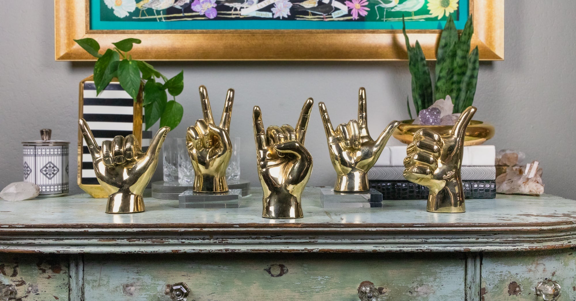 Shaka or Roadrunner or "Birds Up" Hand Sign Sculpture in Brass