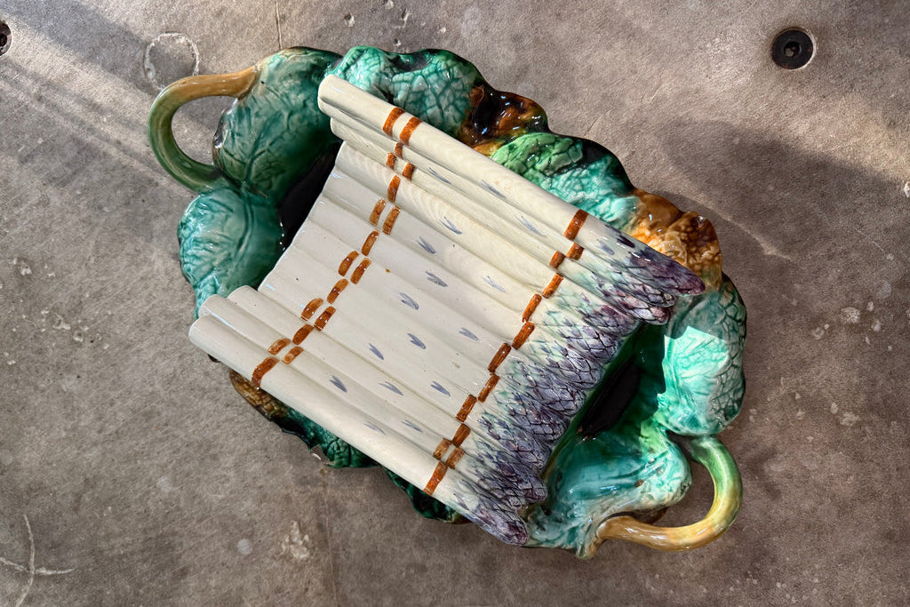 French 19th Century Majolica Asparagus Serving Tray with Foliage Oval Plate