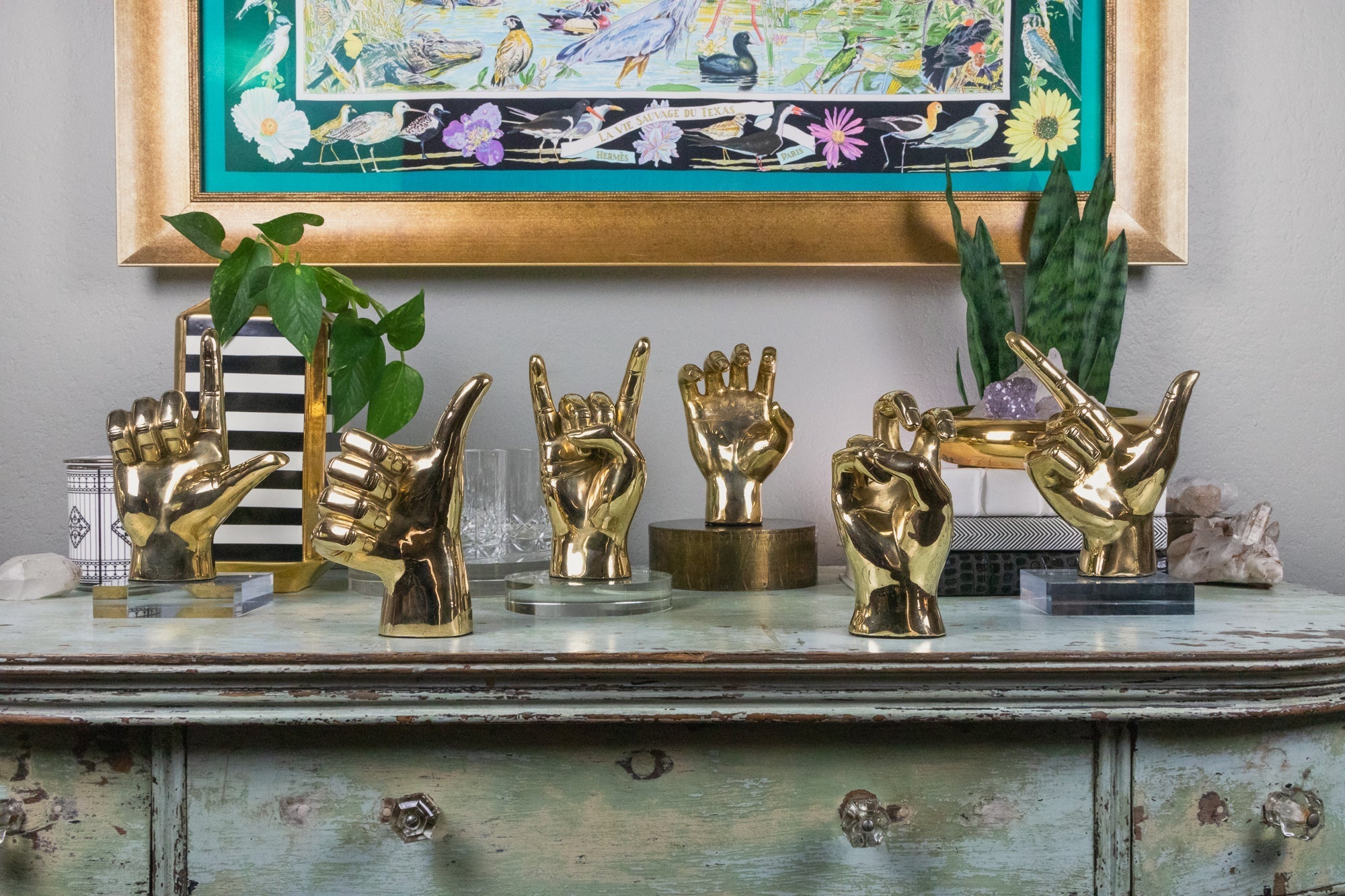 Gun, Pistol, “Guns Up”, or "Go Pokes" Hand Sign Sculpture in Brass